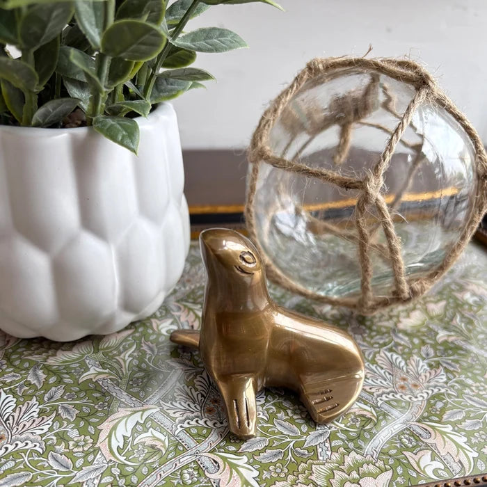 Antiqued Solid Brass Sea Lion Paperweight Table Decor - 2-1/4"