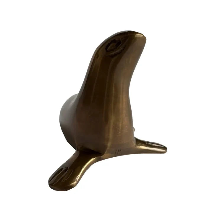 Antiqued Solid Brass Sea Lion Paperweight Table Decor - 2-1/4"