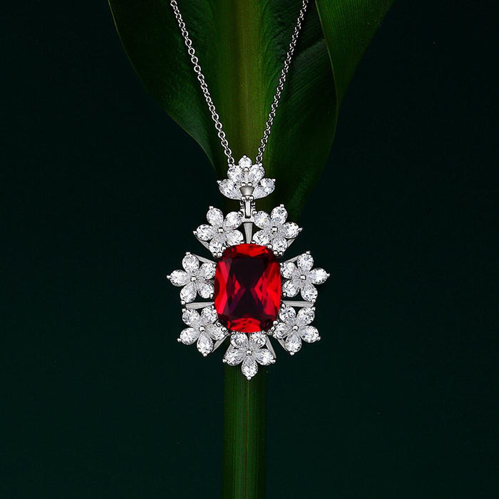 Crown Flowers Ruby Sterling Silver Pendant Necklace