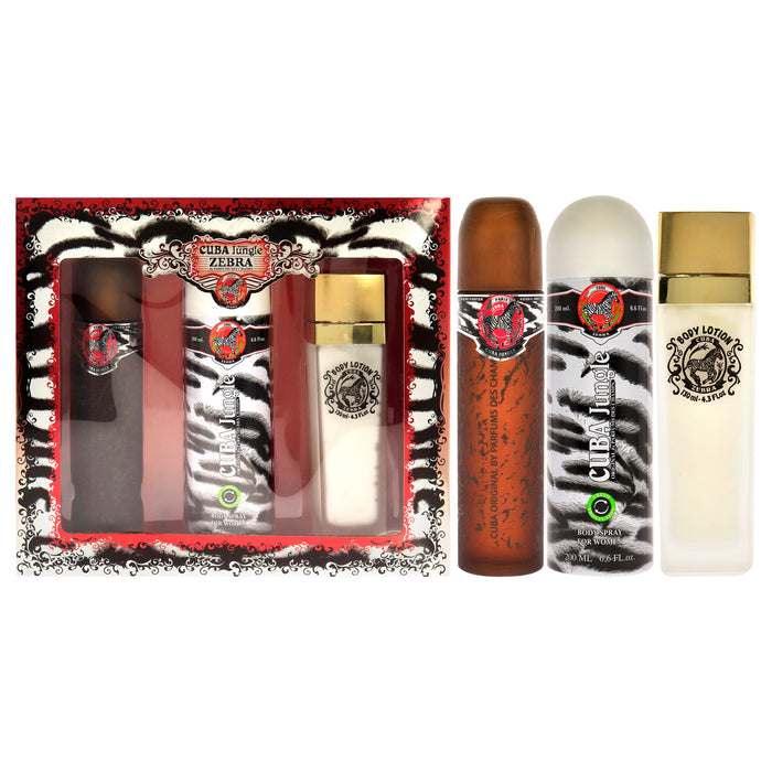 Cuba Jungle Zebra by Cuba for Women - 3 Pc Gift Set 3.3oz EDP Spray, 6.7oz Deodorant Body Spray, 4.3oz Body Lotion