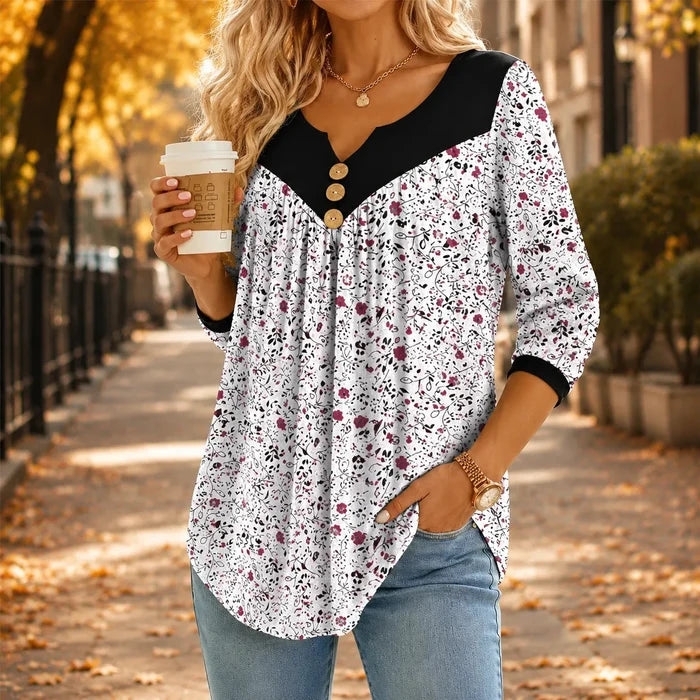 Evelora – Floral V-Neck Tunic Top with Button Yoke