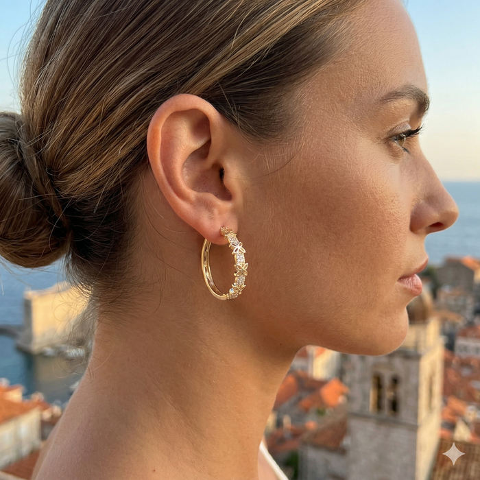 Gold Filled Oro Laminado Fleur Zirconia Hoop Earrings