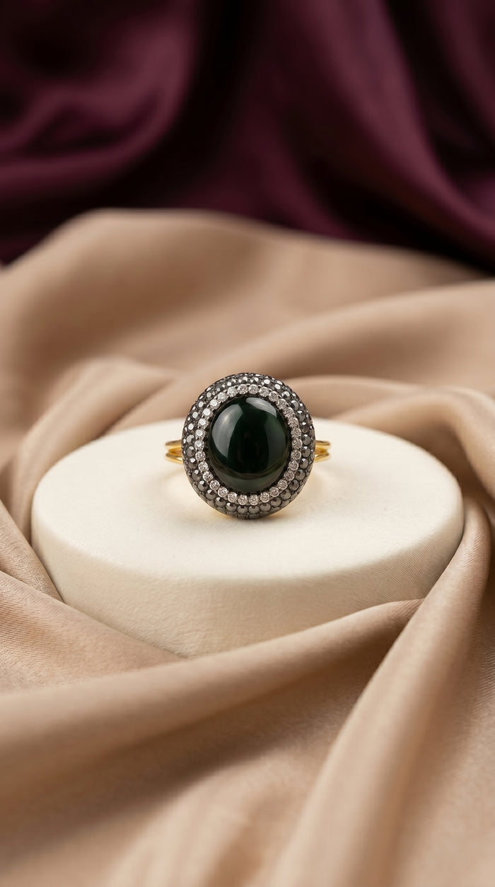 Hilal Ring emerald green Turkish statement ring with gold-tone detailing