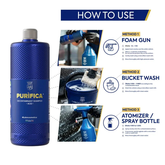 Labocosmetica PURIFICA Acidic Car Shampoo for Ceramic Coatings | Removes Water Spots, Mineral Deposits & Limescale