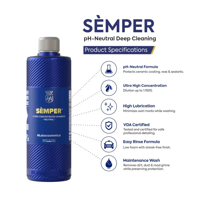 Labocosmetica SÈMPER pH Neutral Car Wash Shampoo | Deep Cleaning Maintenance Wash | Safe for Ceramic Coatings, Wax & Sealants