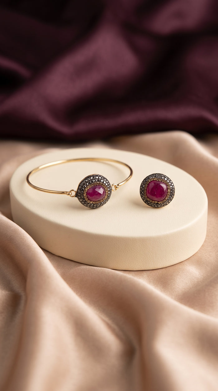 Nuray Set ruby red Turkish jewelry set with gold-tone detailing
