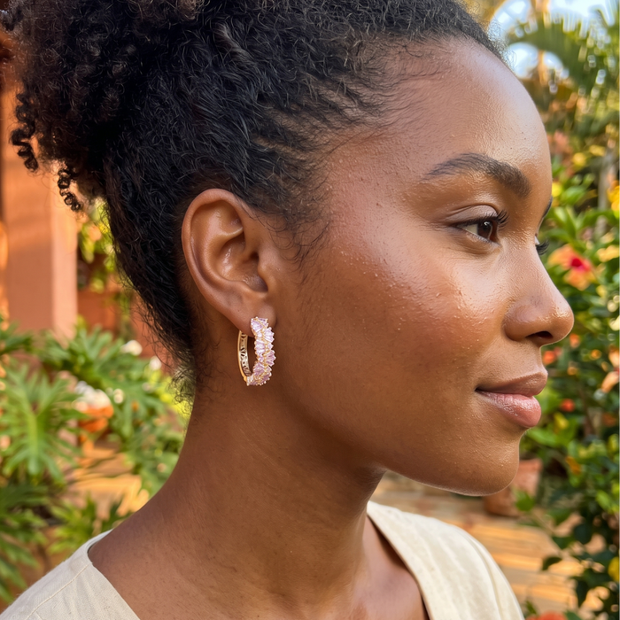 Oro Laminado Gold Filled Fantasia Fan CZ Hoop Earrings