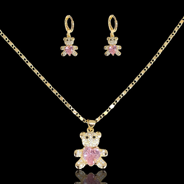 Oro Laminado Gold Filled Happy Teddy Bear Zirconia Set