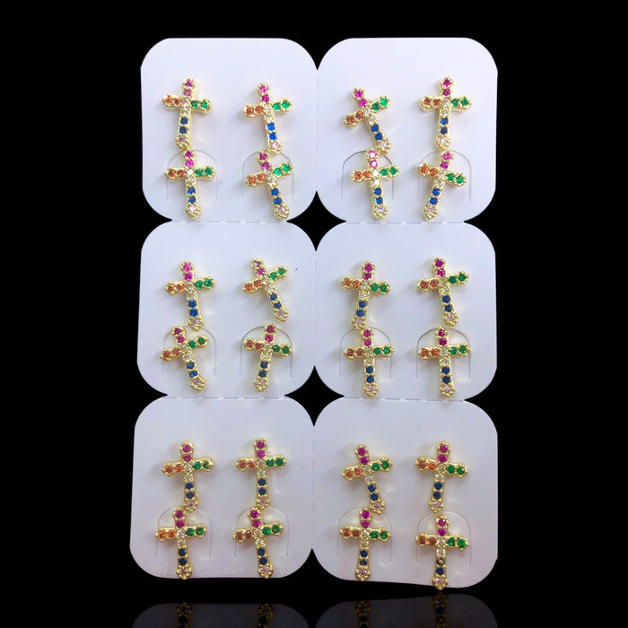 Oro Laminado Rainbow Holy Cross Stud Earrings (Pack of 12)