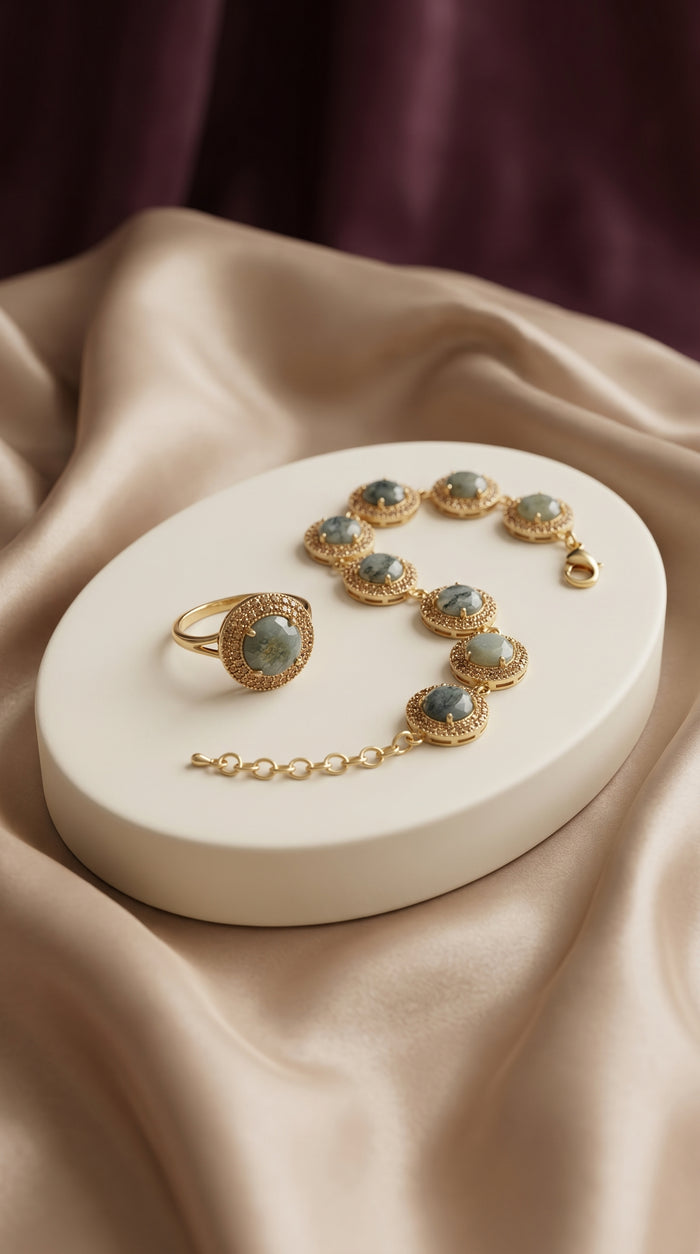Osmanli Set red gemstone Turkish jewelry set with gold-tone detailing