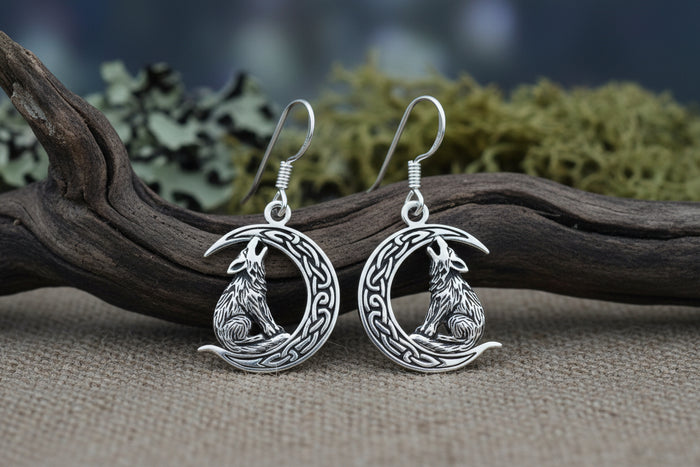 vkngjewelry Earring Wolf on Crescent Moon  925 Sterling Silver Earrings