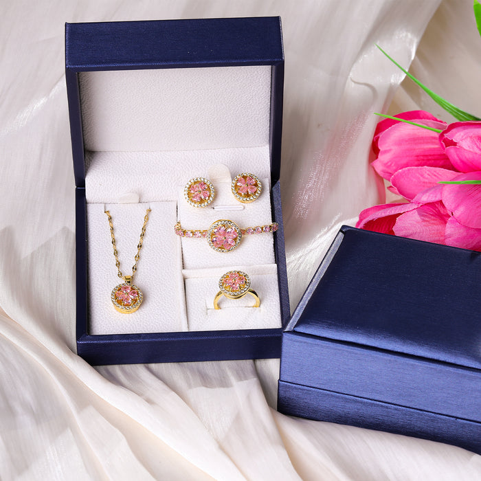 Presentski Pink Flower Spinner Necklace Ring Earring Bracelet Set T4S002