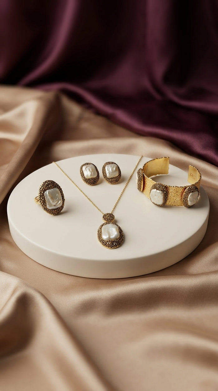 Rana Set pearl Turkish jewelry set with gold-tone detailing