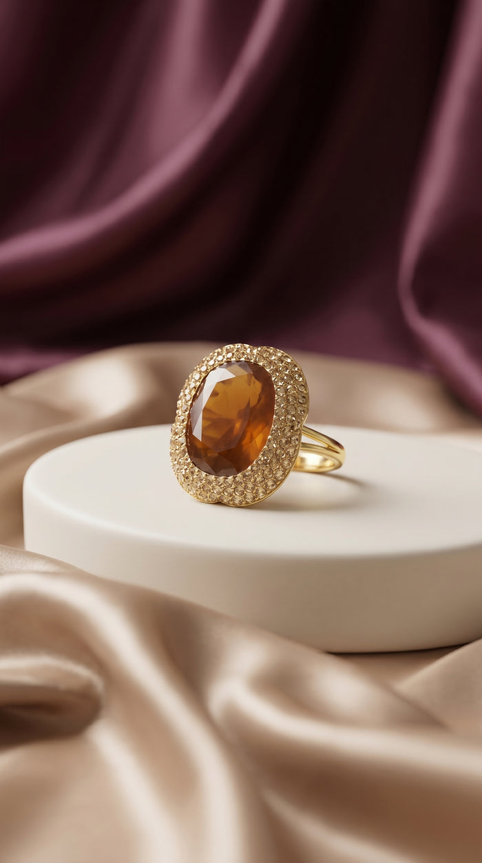 Sedef Ring red gemstone Turkish statement ring with gold-tone detailing