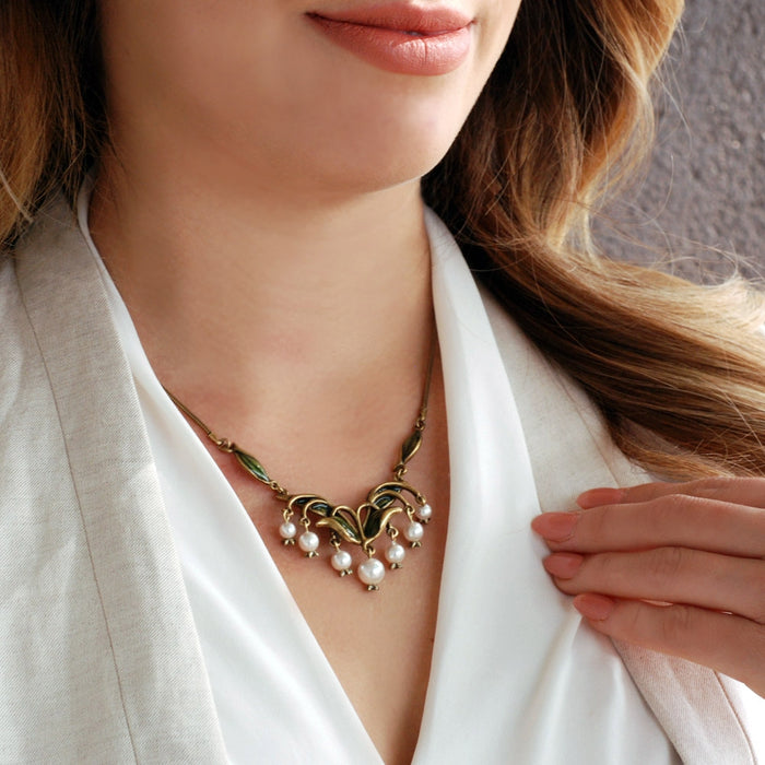 Sweet Romance Lily of the Valley Flower & Glass Pearls Necklace - Belle Fleur Boutique