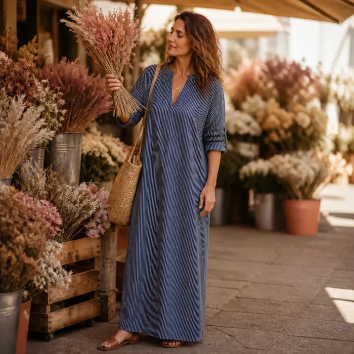 Vestara – Boho Striped V-Neck Maxi Dress with Pockets, Long Sleeves, Crisp, Non-Stretch Fabric